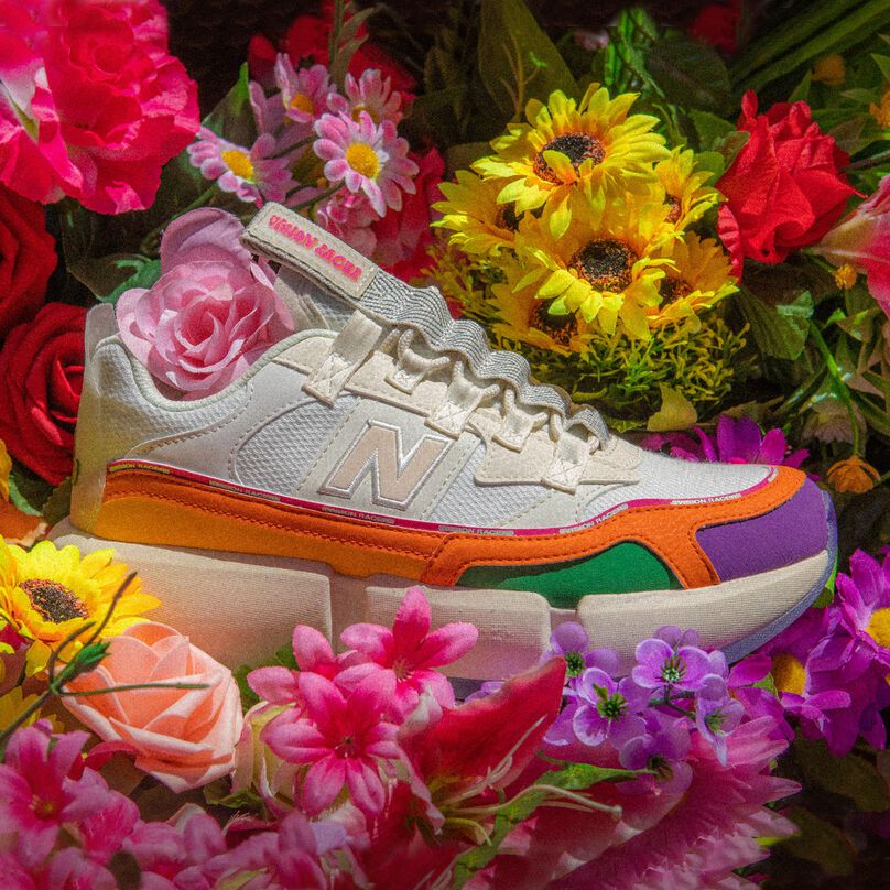 Top-down shot of a white Vision Racer with multiple color accents on a bed of flowers.