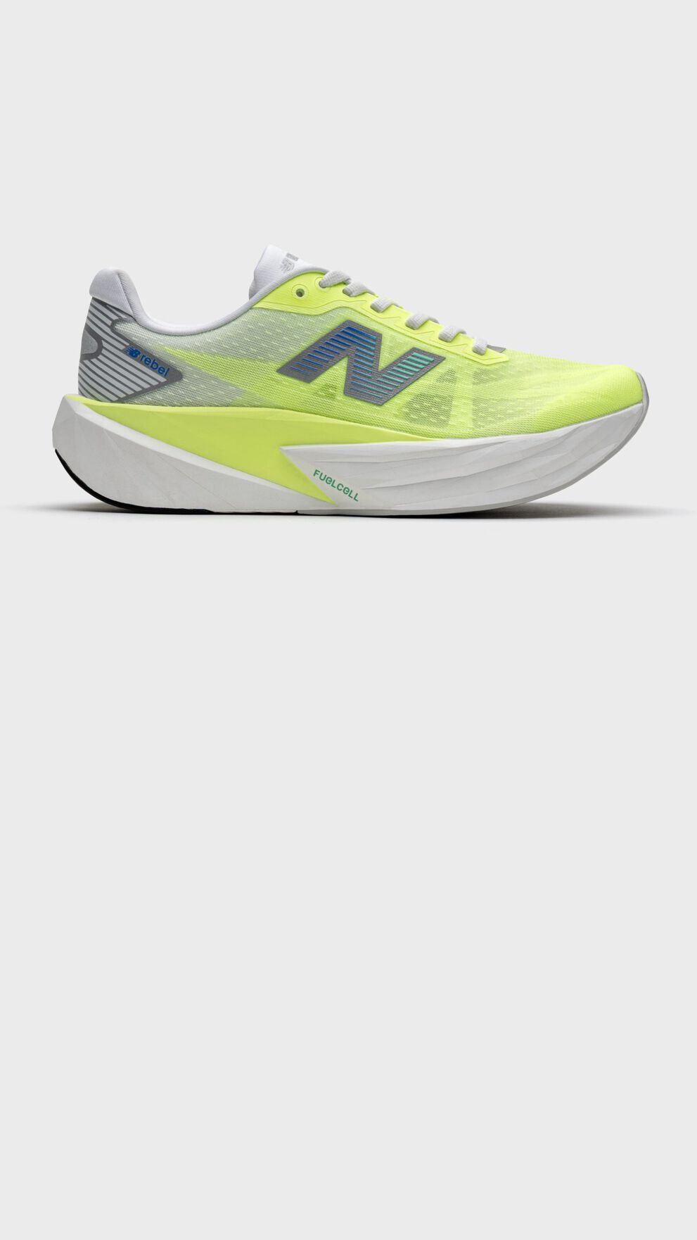 Lime-yellow running shoe with a white midsole and blue New Balance logo, shown on a light gray background. 